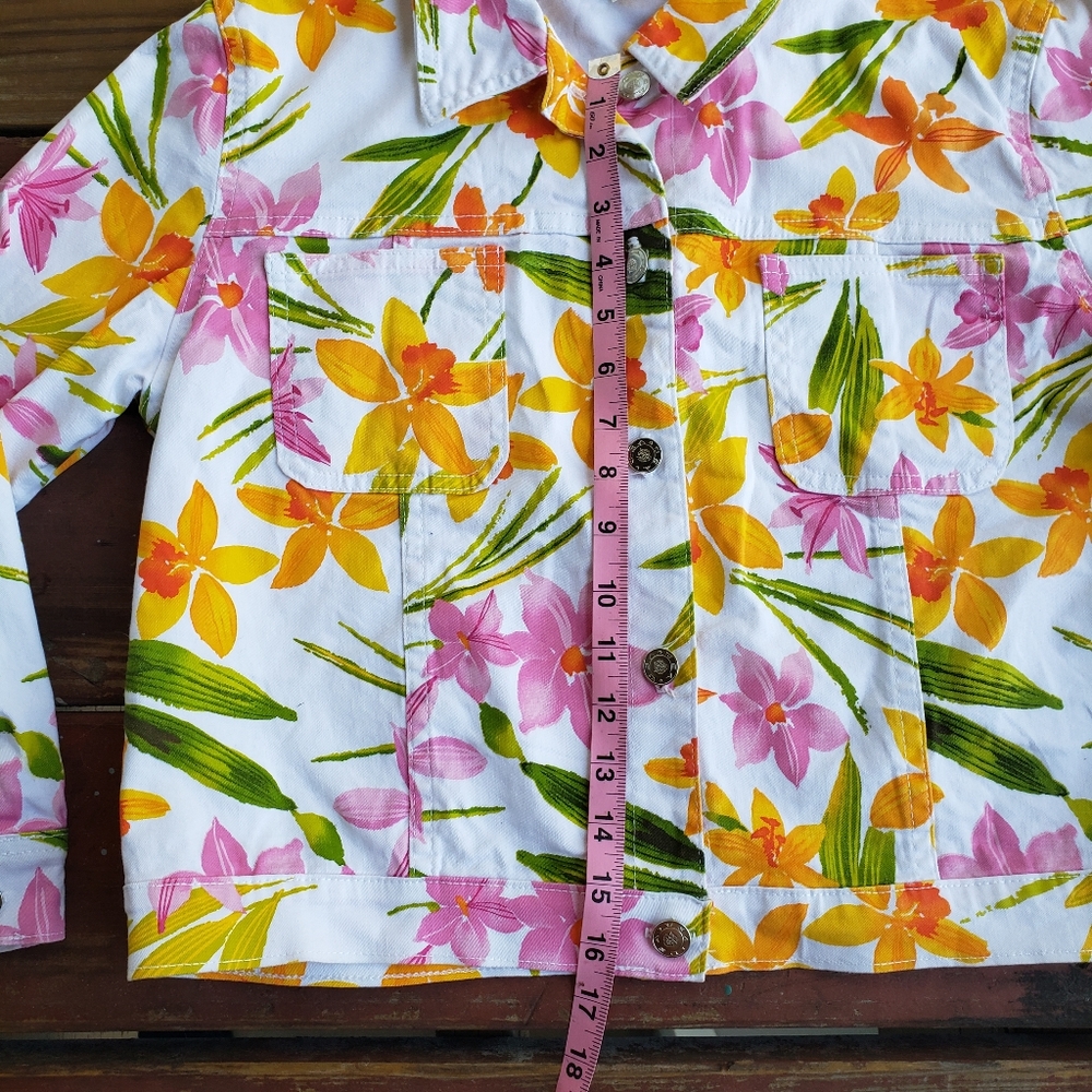 Vintage White Pink Orange Tropical Floral Jean Jacket Half Sleeves - Picture 10 of 14